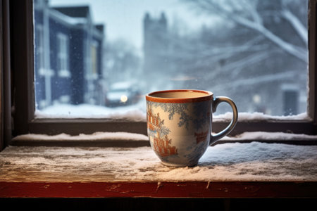 coffee mug on a snowy window ledge, created with generative aiの素材