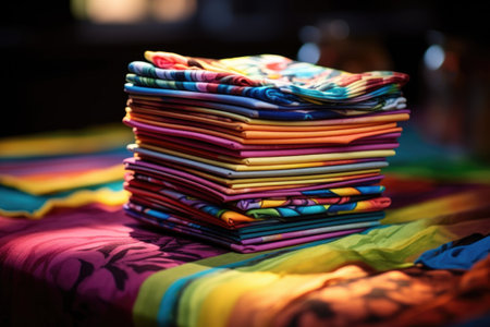 close-up of a stack of colorful plates and napkins, created with generative aiの素材