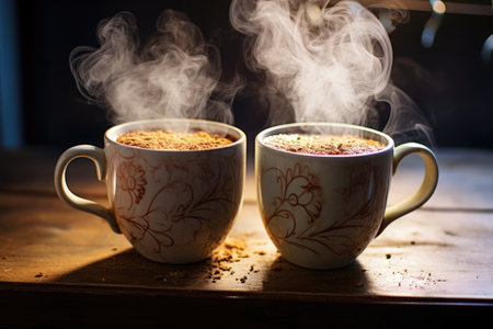 two coffee mugs with a heart-shaped steam pattern, created with generative aiの素材