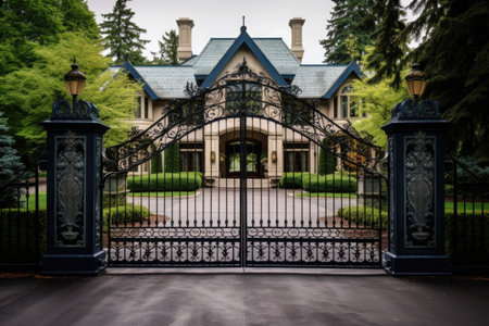 an iron gate closing off a luxury mansion, created with generative aiの素材
