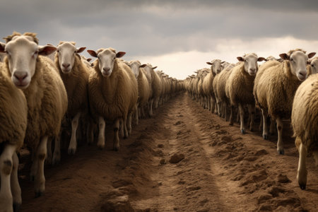 sheep following the leader in a line, created with generative aiの素材