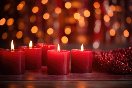 red candles burning against a background of blurred fairy lights, created with generative aiの素材
