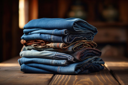 stack of folded jeans on a wooden table, created with generative aiの素材