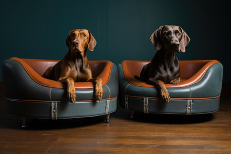 a pair of matching leather luxury dog beds, created with generative aiの素材