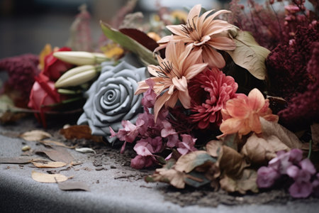 muted colored flowers on a tombstone with fallen leaves, created with generative aiの素材