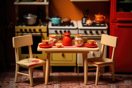 a miniature-sized dining set in a toy kitchen, created with generative aiの素材