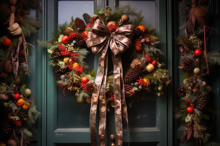 a wreath with pine cones and ribbons on a front door, created with generative aiの素材