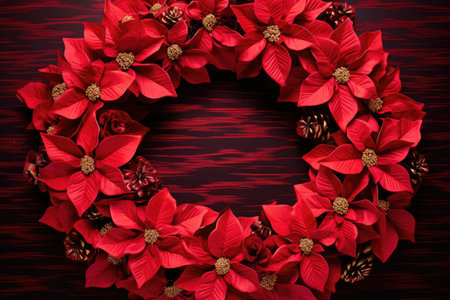 red poinsettias arranged in a circular holiday wreath, created with generative aiの素材