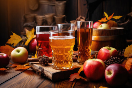 assortment of ciders with fallen leaves on a table, created with generative aiの素材