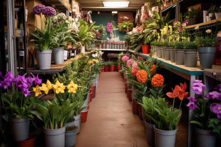 row of potted flowers with clearance signs in a florists shop, created with generative aiの素材
