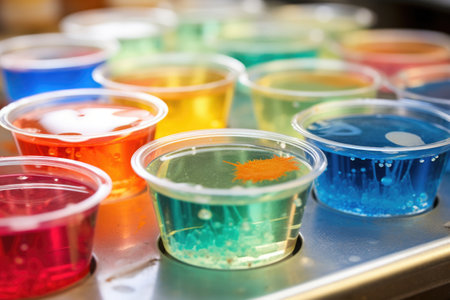 petri dishes showing bacteria cultures within a research lab setting, created with generative aiの素材
