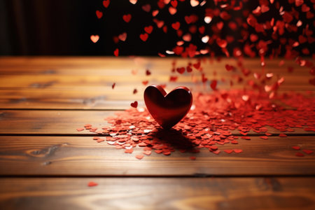 red heart-shaped confetti on a wooden table, created with generative aiの素材