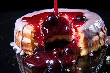 close-up view of a donut half revealing jelly filling, created with generative aiの素材