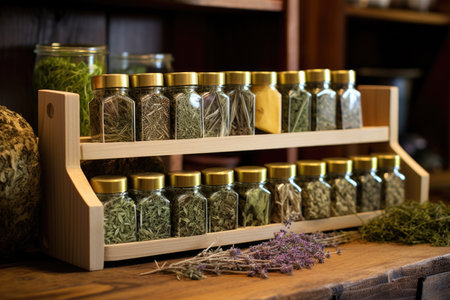 a selection of healthful herbal teas in a wooden rack, created with generative aiの素材