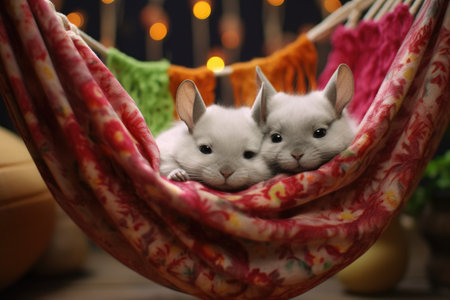 pair of chinchillas cuddling in a hammock, created with generative aiの素材