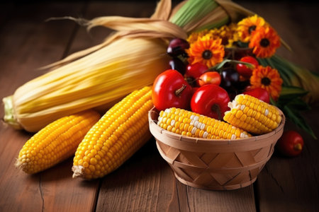 fruit basket with ears of corn on wooden table, created with generative aiの素材