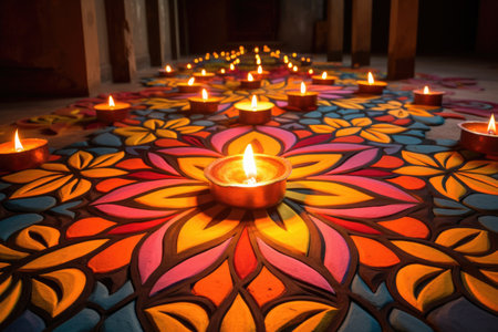 angular view of a bright rangoli design adorned with unlit clay lamps, created with generative aiの素材