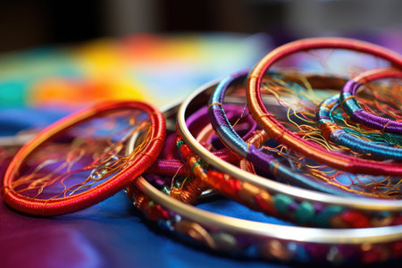close up of embroidery hoops and colored threads, created with generative aiの素材