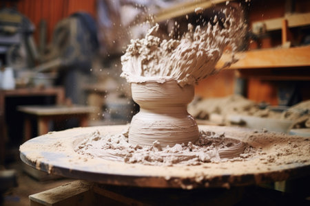 fresh clay on a potters wheel in a ceramics studio, created with generative aiの素材