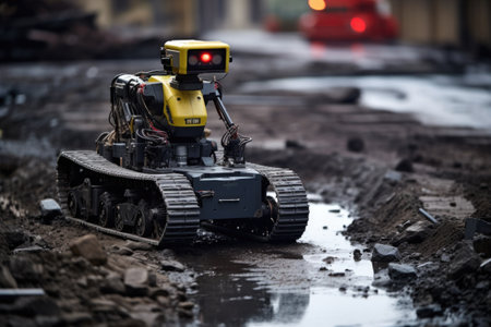 a rescue robot navigating through a disaster scene, created with generative aiの素材