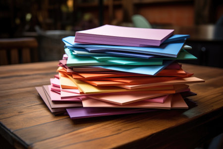 close up shot of a wooden table with different colored pile of papers, created with generative aiの素材