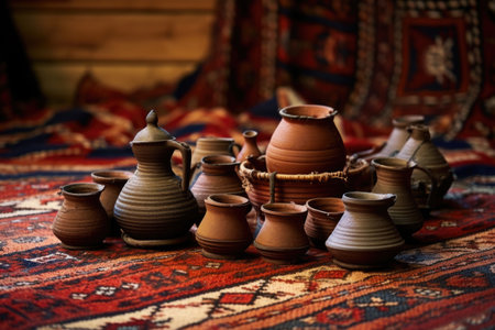 traditional turkish coffee pots and cups on a woven rug, created with generative aiの素材