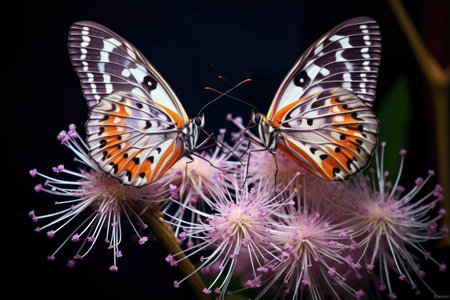two butterflies resting on a flower, created with generative aiの素材