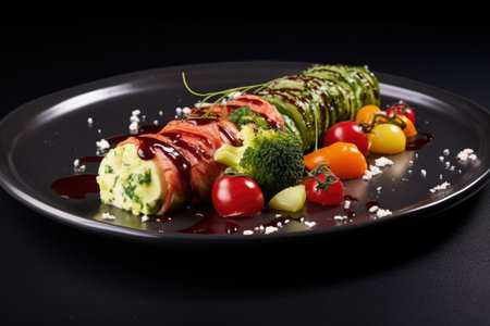 a plate with broccoli, beetroot, and spinach, created with generative aiの素材