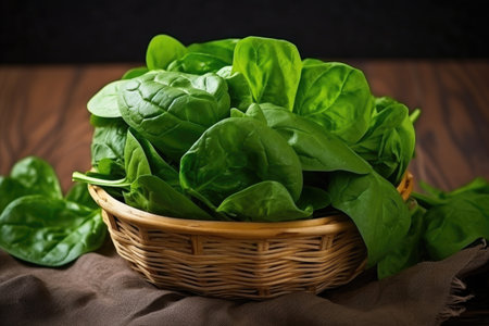 bunch of fresh spinach leaves in a basket, created with generative aiの素材