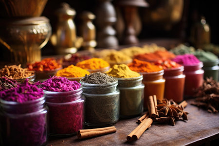 mix of different spices in colorful containers, created with generative aiの素材