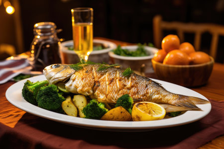 a plate of grilled fish with steamed vegetables on a table, created with generative aiの素材