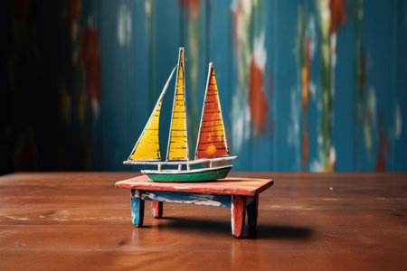 toy sailboat painted brightly on wooden table, created with generative aiの素材