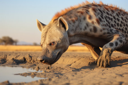 hyena scavenging in a dry savannah, created with generative aiの素材