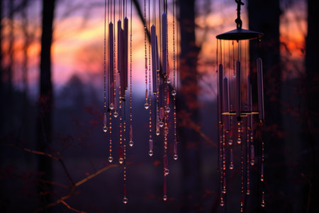 wind chimes hanging, softly glowing in the twilight, created with generative aiの素材