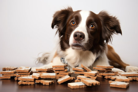 a dog with an excessive amount of dog biscuits, created with generative aiの素材