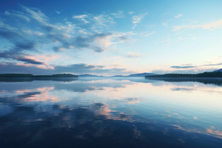 calm lake surface reflecting the sky, created with generative aiの素材