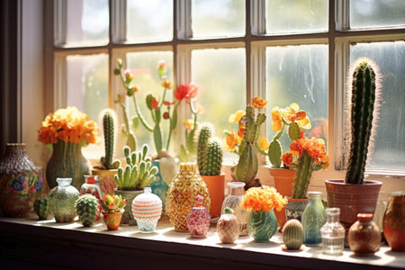 cactus collection on a sunny window sill, created with generative aiの素材
