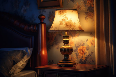 a bedside lamp lit with a soft glow, created with generative aiの素材