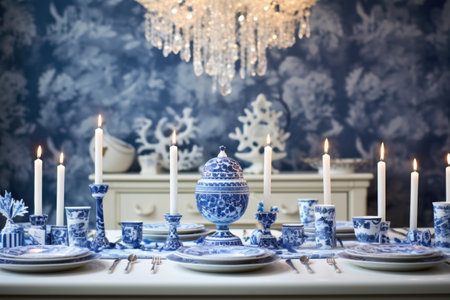 blue and white hanukkah decorations set on a table, created with generative aiの素材