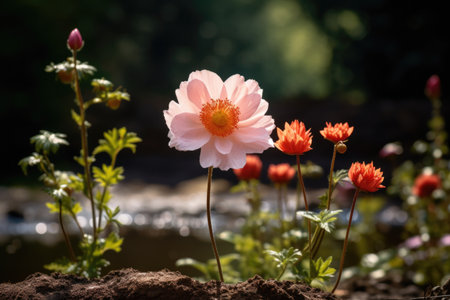 one blossoming flower amid un-bloomed ones in a garden, created with generative aiの素材