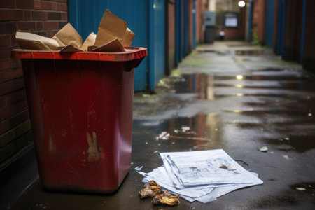 a discarded manuscript next to a filled waste bin, created with generative aiの素材