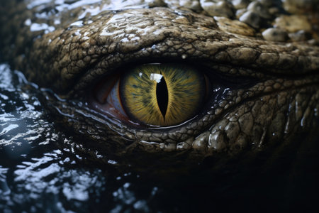 a reptilian eye of an alligator peering out from water, created with generative aiの素材