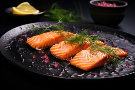matte-black plate with salmon fillets and dill garnish, created with generative aiの素材