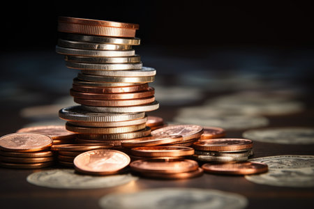 stack of coins with two wedding rings on the top, created with generative aiの素材