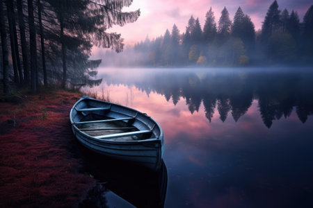 boat for two in calm water at a secluded lake, created with generative aiの素材