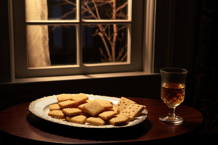 a plate of shortbread and whisky set on a table near an entrance, created with generative aiの素材