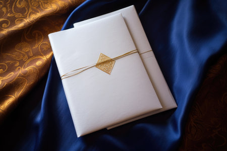 gold-edged invitation card on satin cloth, created with generative aiの素材