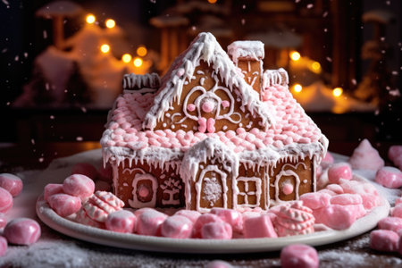 gingerbread house with glowing led lights partially buried in powdered sugar snow, created with generative aiの素材