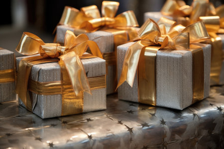 closeup of gold and silver-wrapped boxes with ribbons and bows, created with generative aiの素材