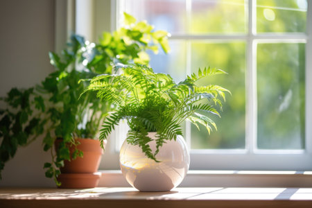 globe placed next to a houseplant in a bright room, created with generative aiの素材